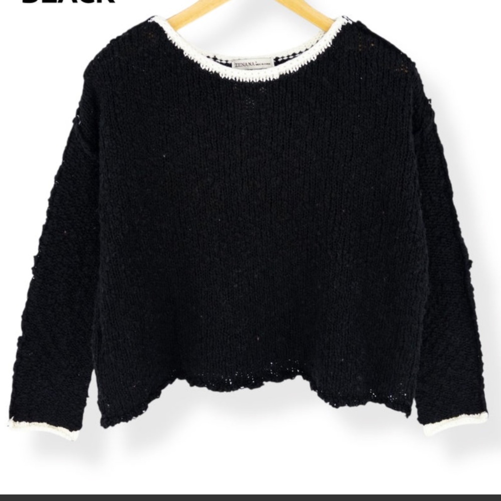 Zenana Black and White Semi Cropped  Women's Contrast Trim Sweater